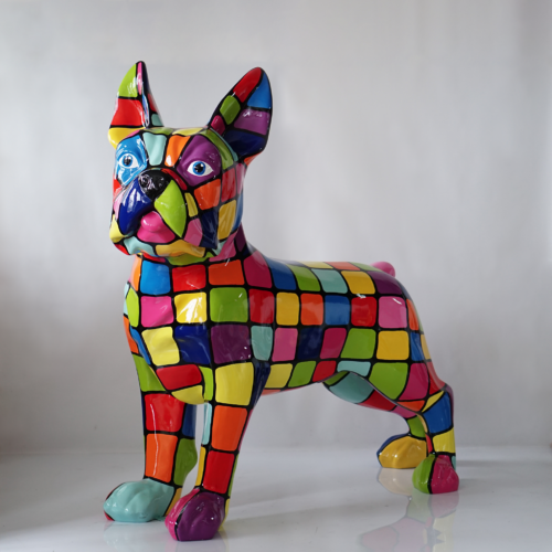 Colorful mosaic French Bulldog sculpture with multicolored squares on a glossy surface.