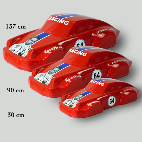 Three red toy racing car models in different sizes labeled with their lengths: 137 cm, 90 cm, and 30 cm.