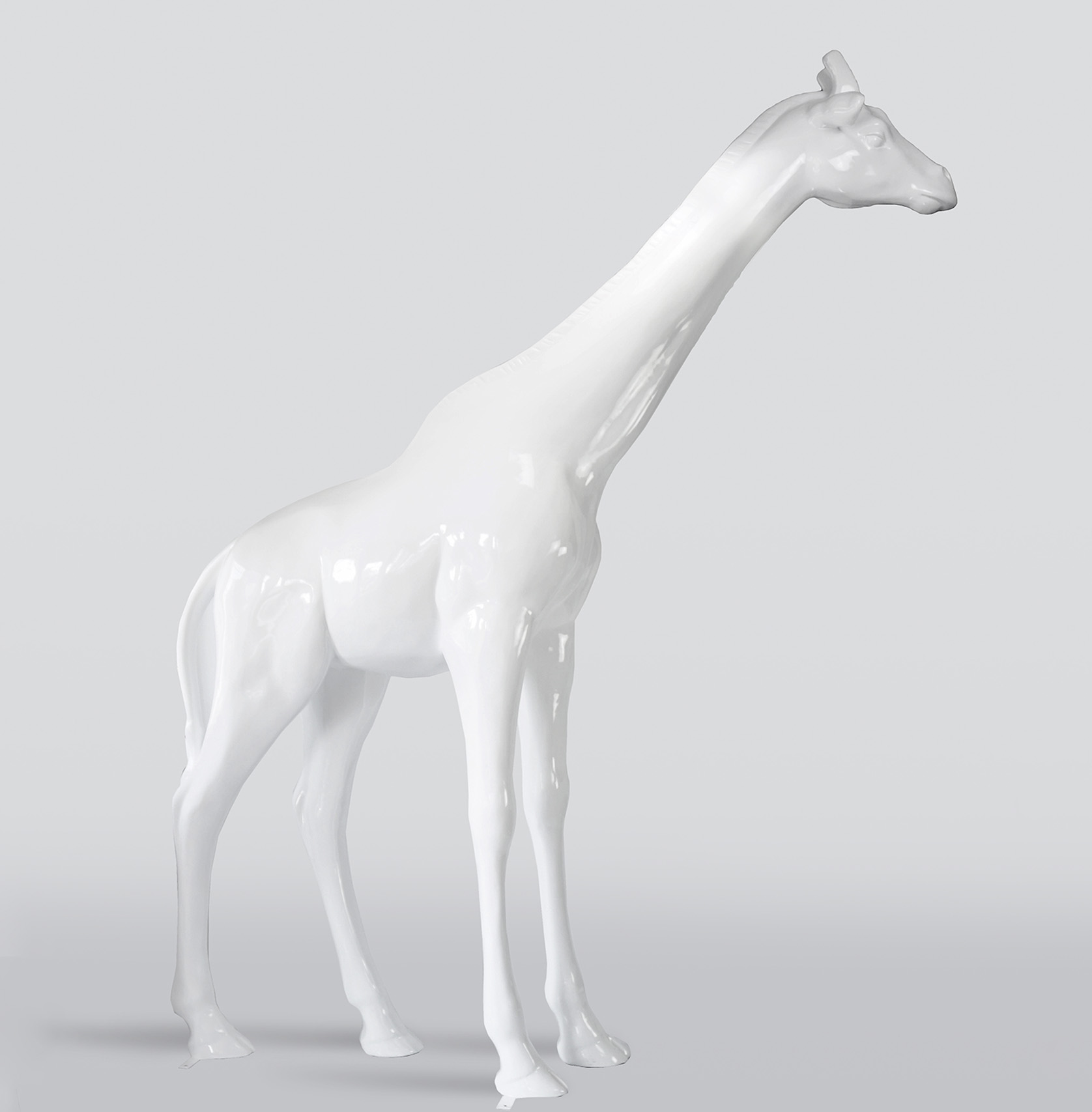 Large life-size giraffe figure - white 1 White giraffe sculpture against a light gray background.