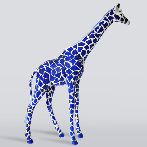 A blue and white ceramic giraffe sculpture with a mosaic pattern.