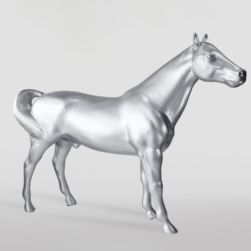 Shiny silver horse sculpture on a plain background.