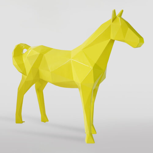 Bright yellow geometric horse sculpture.