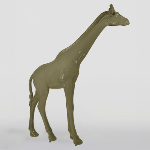 Glossy, solid olive green giraffe figurine with detailed body and long neck, standing on a neutral background.