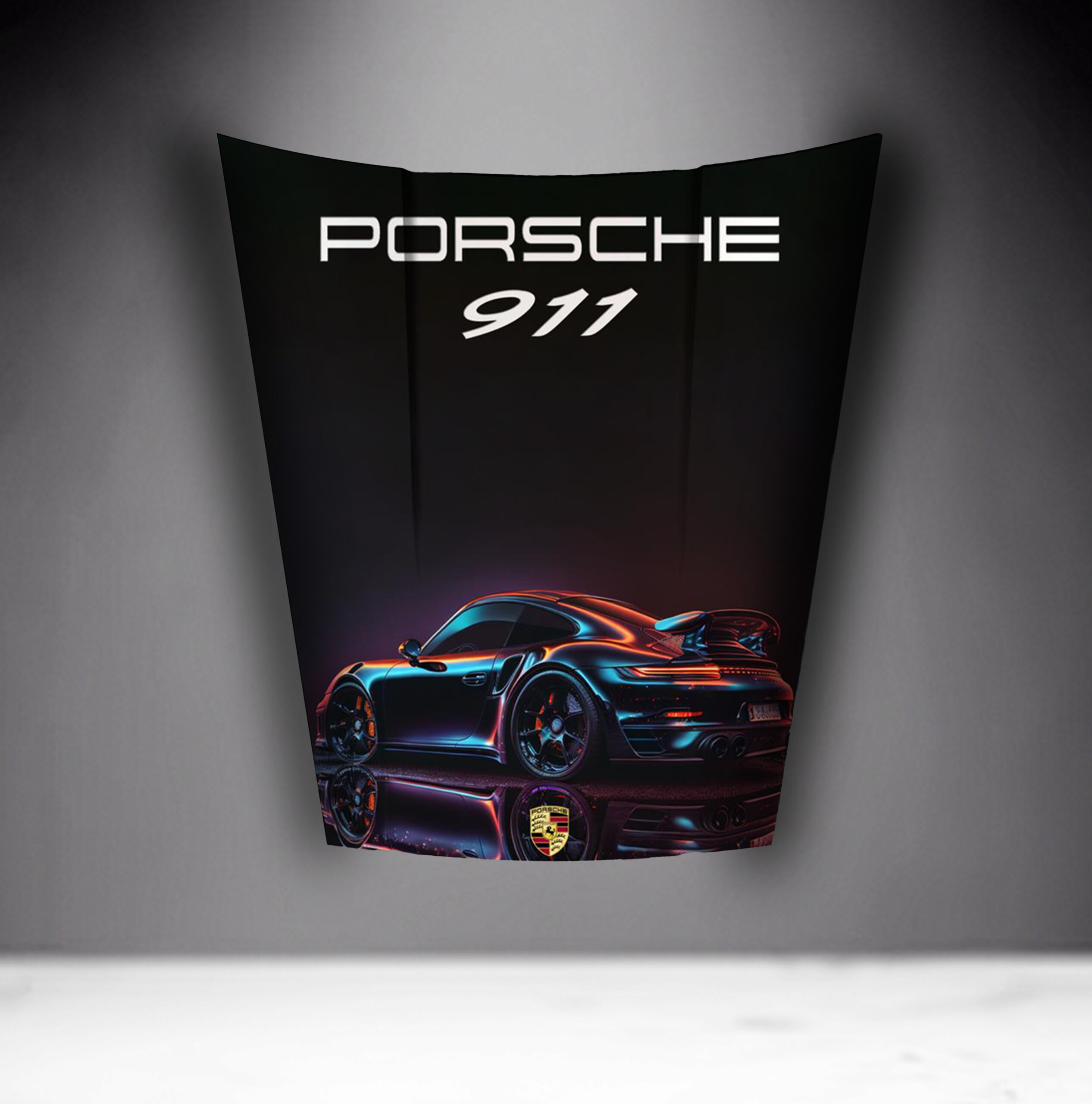 Car Mask 911 - Theme 25 2 Hood of a Porsche 911 with the Porsche logo and an image of the car.