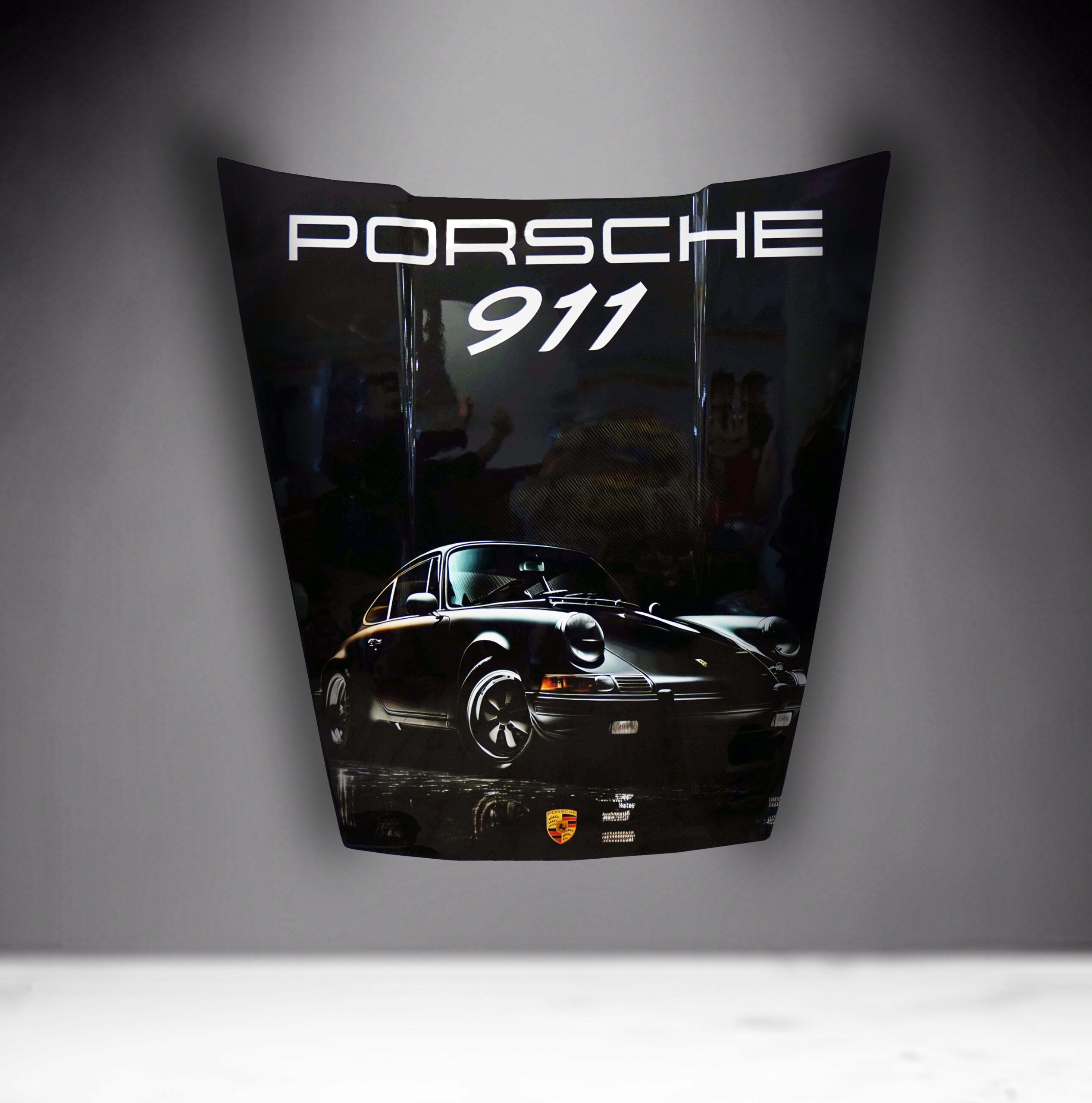 Car Mask 911 - Theme 27 2 Porsche 911 car hood with a picture of the classic model and the Porsche logo.