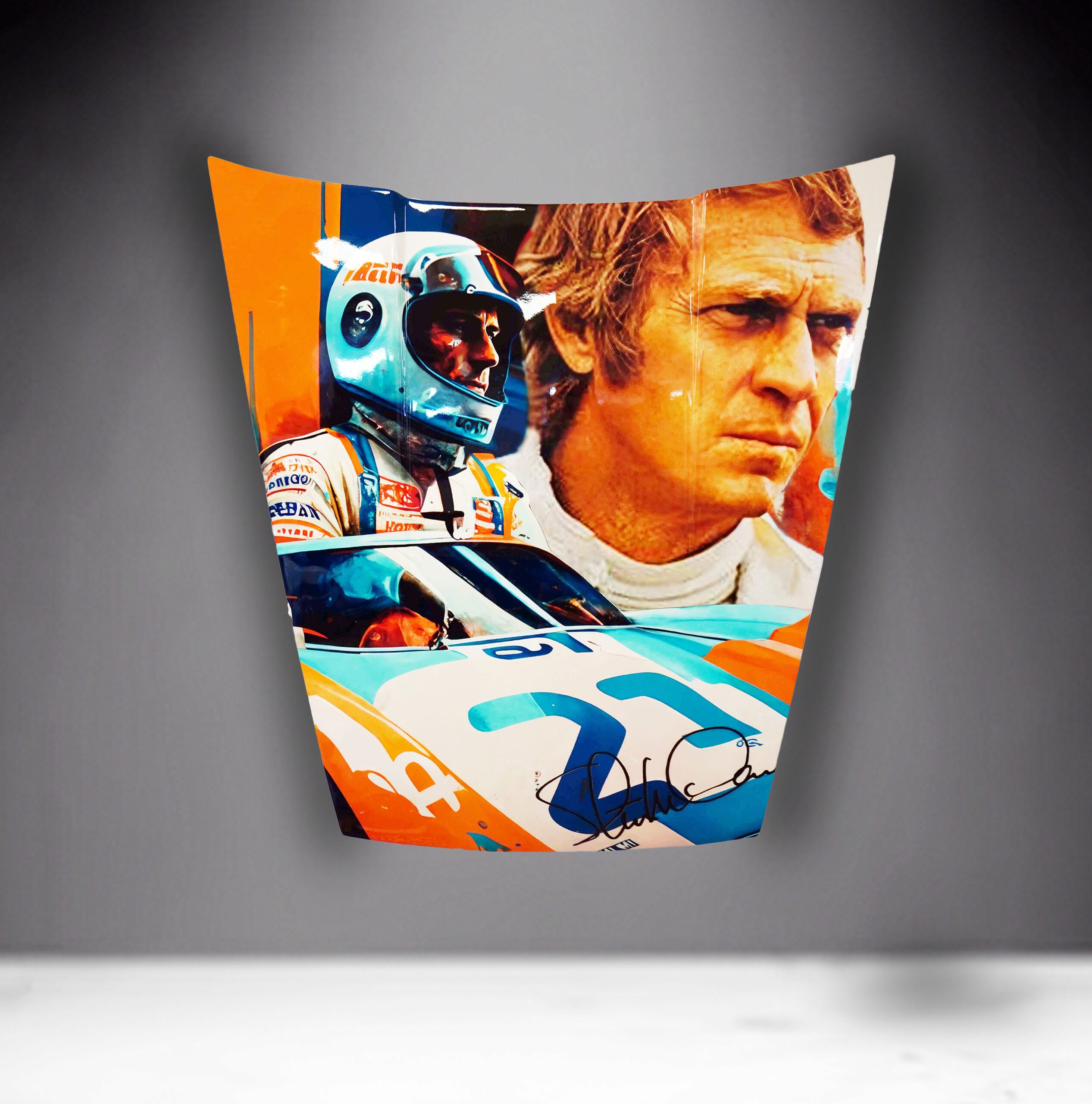 Car Mask 911 - Theme 29 2 Poster featuring a race car driver in a helmet, another driver in a race car, and a determined man's face in the background.
