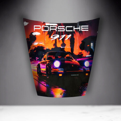 Black Porsche car hood with a painted design showing a Porsche 911 driving against a backdrop of vibrant neon lights and palm trees; the text 