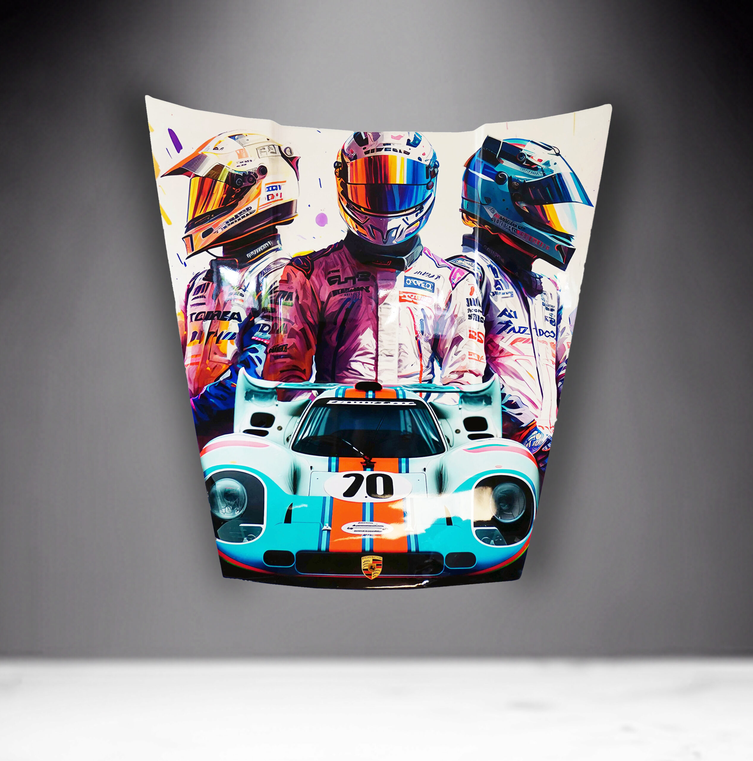 Car Mask 911 - Theme 19 2 Hood of a car painted with vibrant artwork of three racecar drivers and a classic race car with number 70.