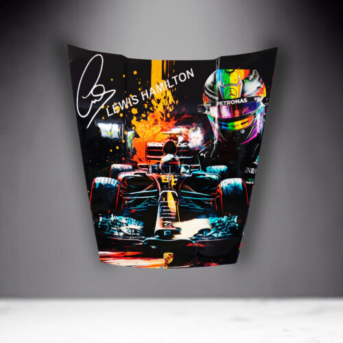 A colorful artwork of a Formula 1 car and a racing helmet labeled 