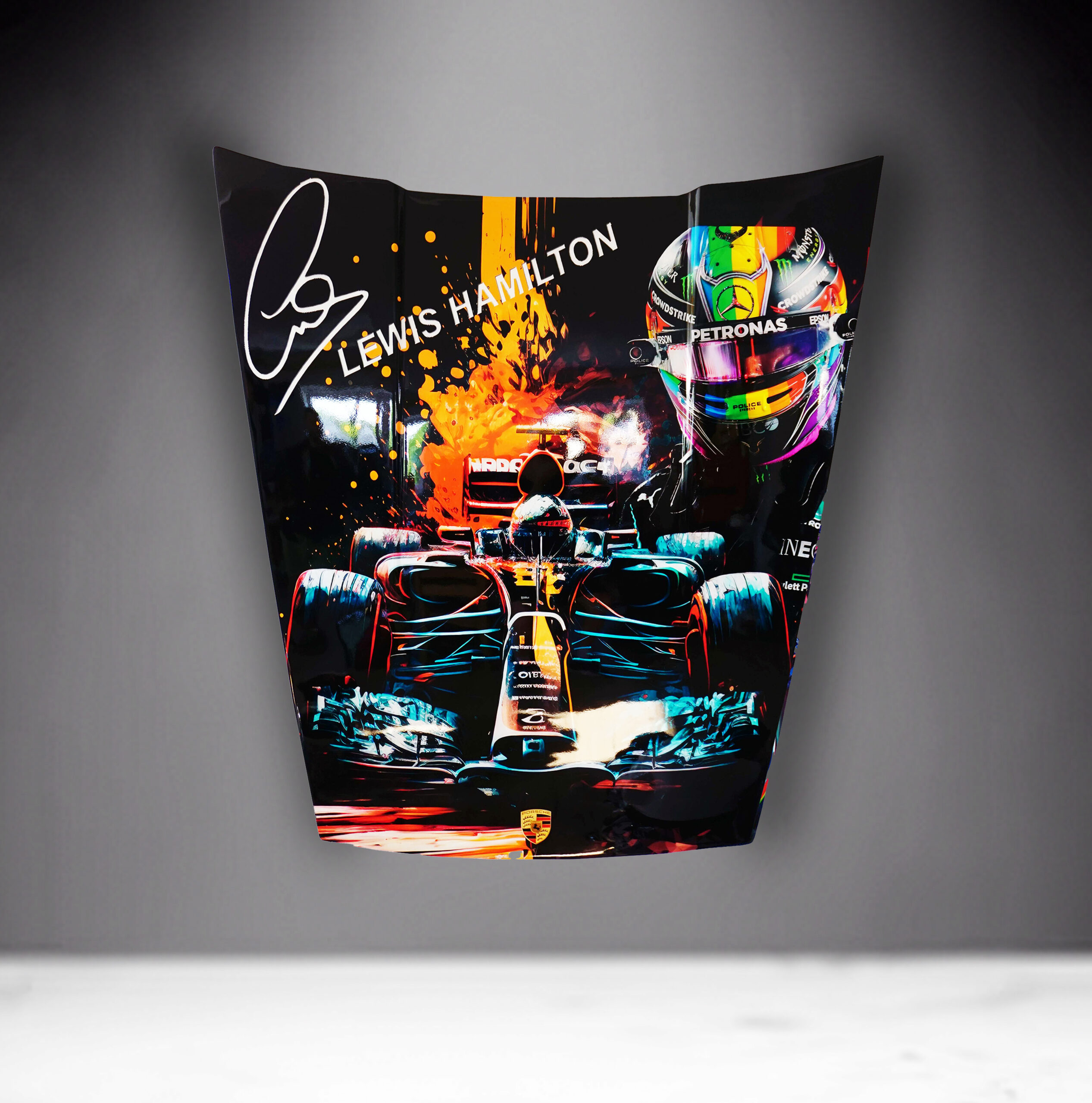 Car Mask 911 - Theme 20 2 A colorful artwork of a Formula 1 car and a racing helmet labeled