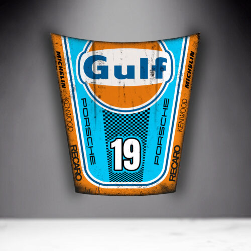 Decorative car hood with a vintage Gulf racing design in blue and orange, featuring the number 19 and logos of Porsche, Michelin, Kenwood, and Recaro.
