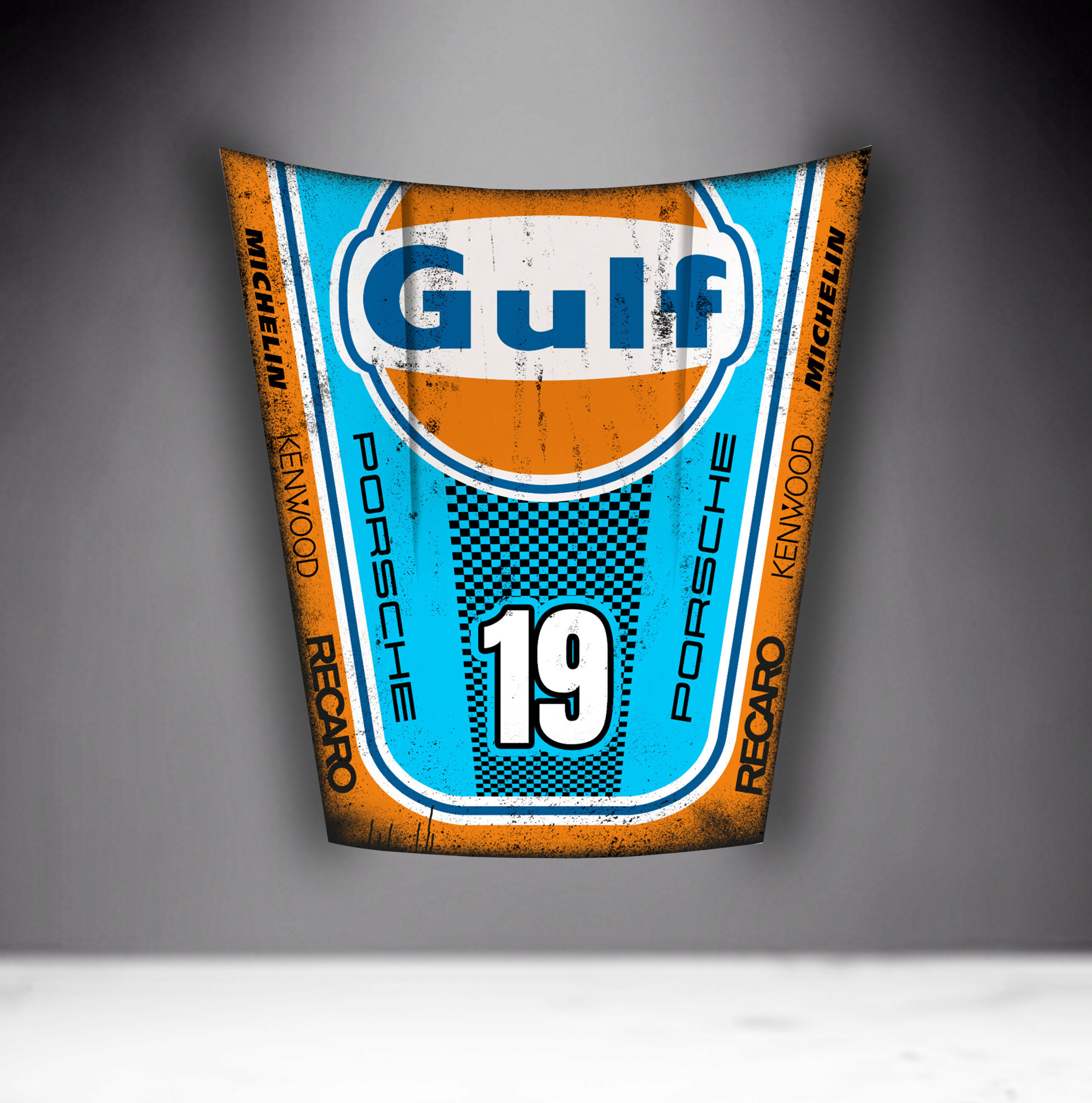Car Mask 911 - Theme 16 2 Decorative car hood with a vintage Gulf racing design in blue and orange, featuring the number 19 and logos of Porsche, Michelin, Kenwood, and Recaro.