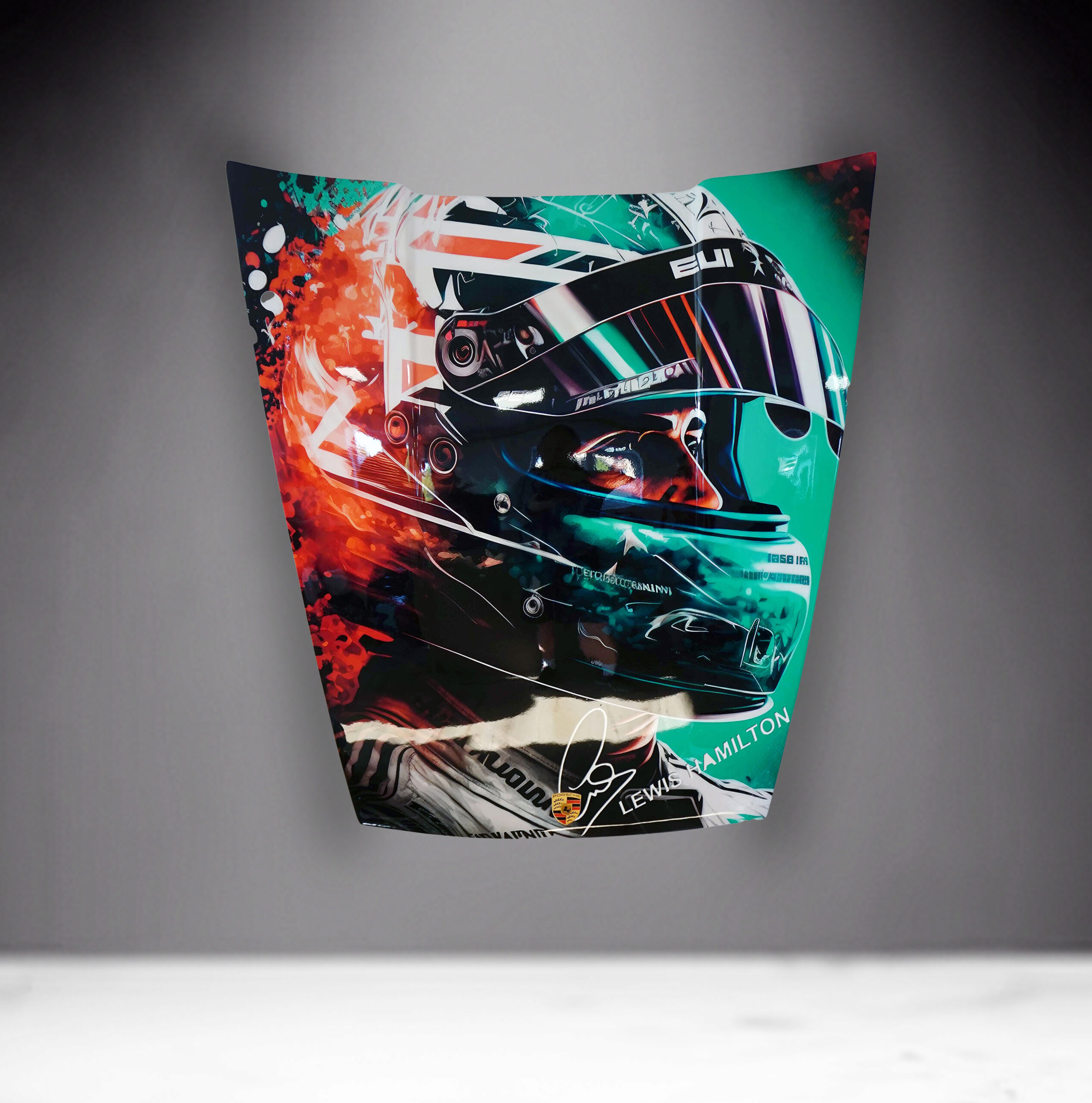 Car Mask 911 - Theme 21 2 Abstract art featuring a race car driver wearing a helmet with colorful splashes of red, green, and blue.