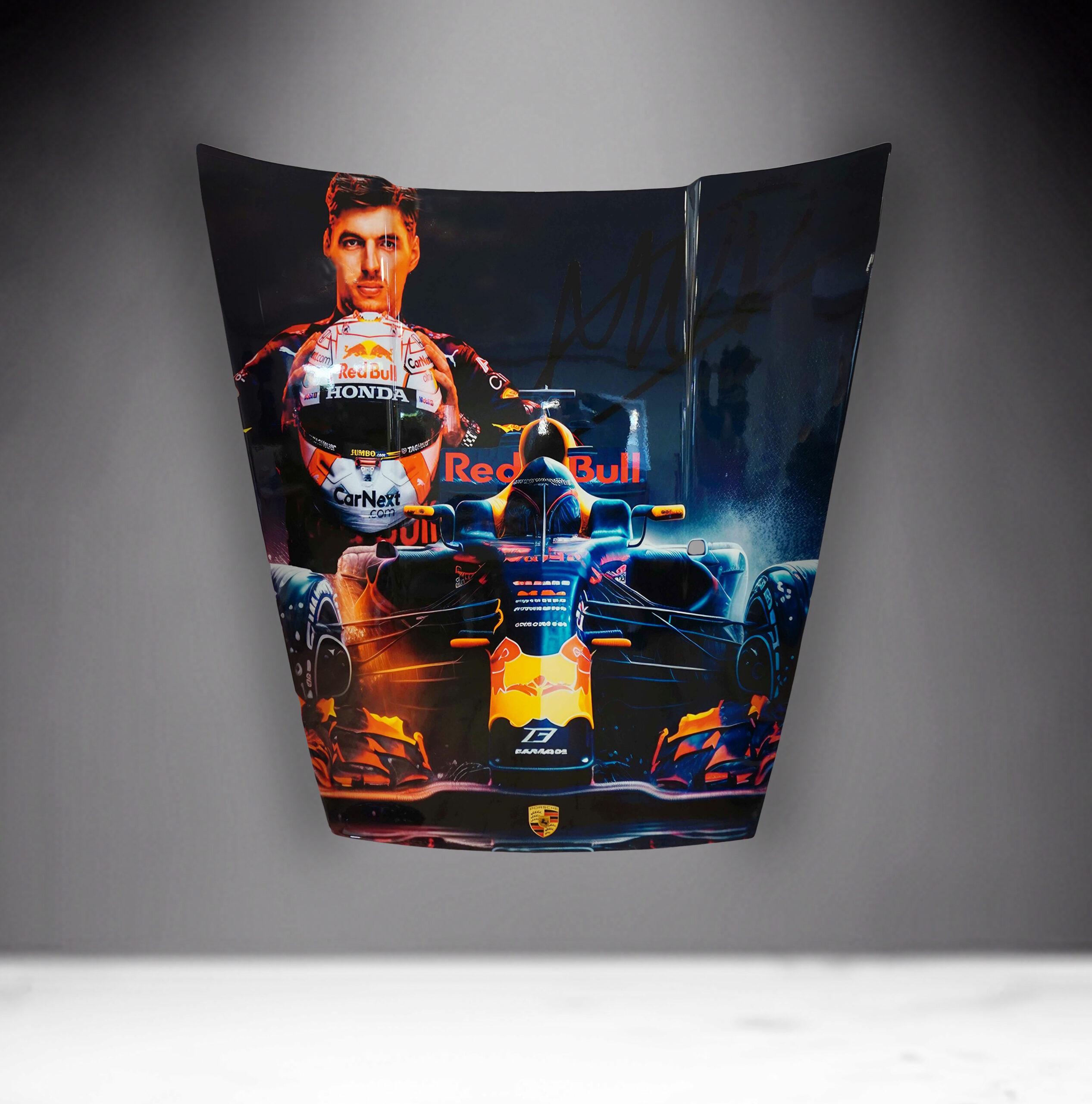 Car Mask 911 - Theme 31 2 Decorated car hood featuring a Red Bull Formula 1 car with a portrait of a racing driver holding a helmet in the background.