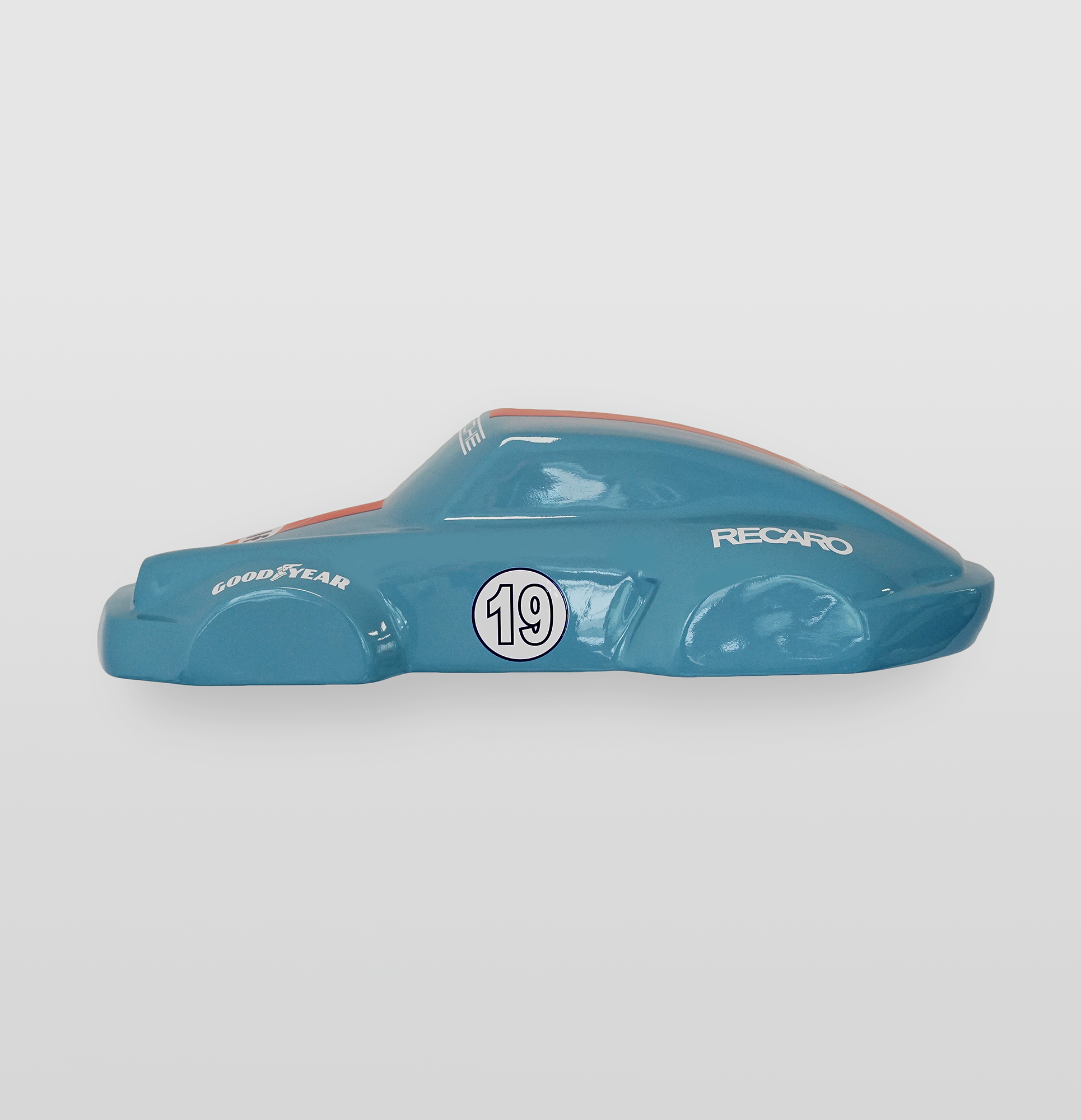 Car model 911 - Motif 19 - Half model 1 Blue toy race car with the number 19 and brand logos