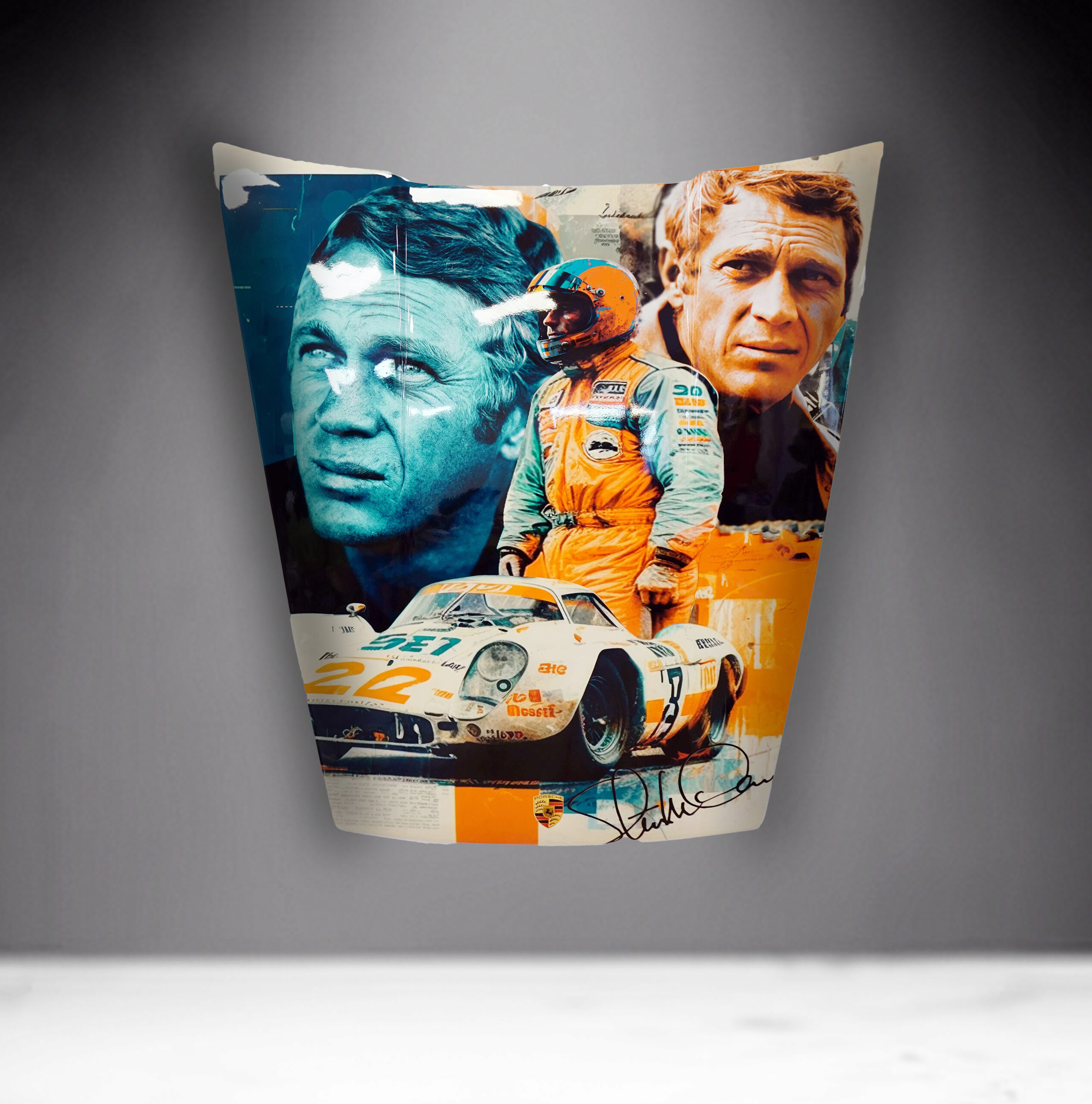 Car Mask 911 - Theme 28 2 Colorful collage artwork featuring a race car driver in an orange jumpsuit, a classic race car, and multiple portraits of the same individual.