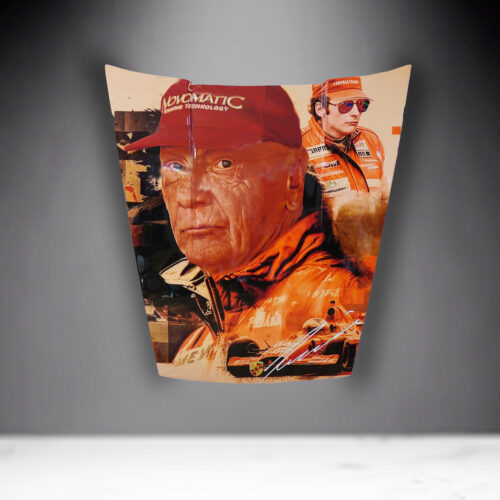 Artwork depicting a man in red racing gear and cap, with another image of him in sunglasses in the background.