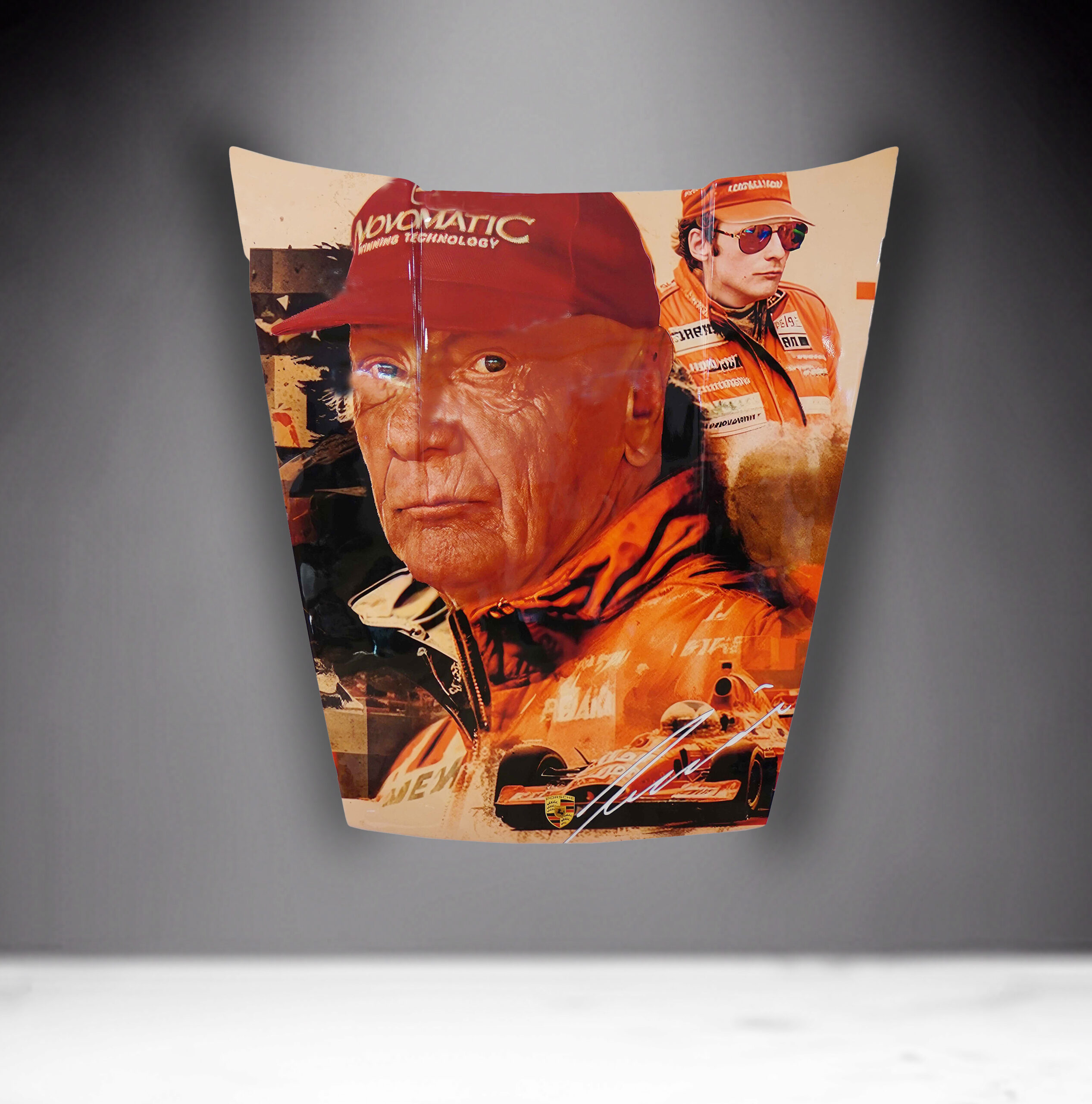 Car Mask 911 - Theme 24 2 Artwork depicting a man in red racing gear and cap, with another image of him in sunglasses in the background.