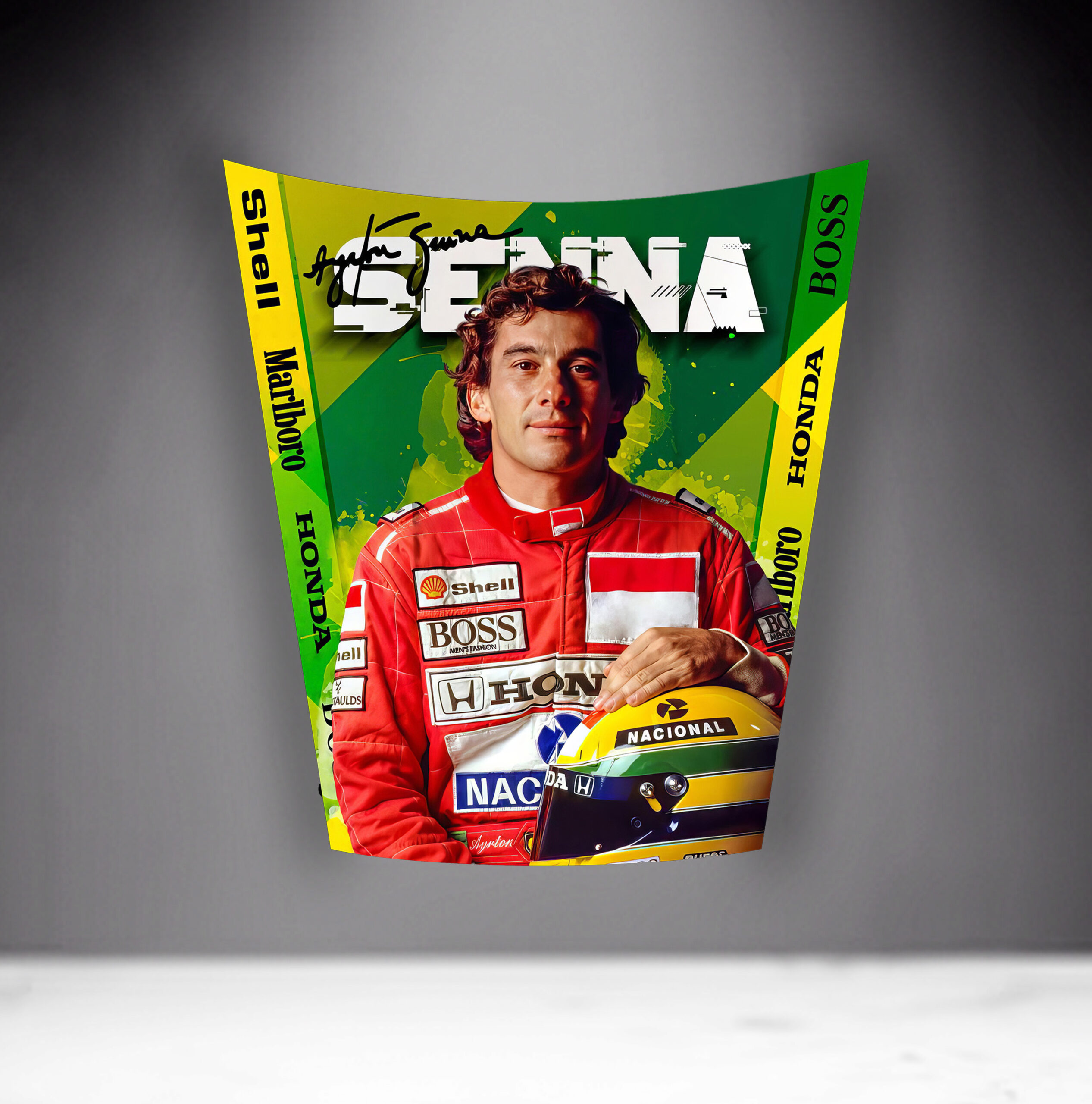 Car Mask 911 - Theme 10 2 Poster of a race car driver in a red racing suit holding a yellow helmet, with the name