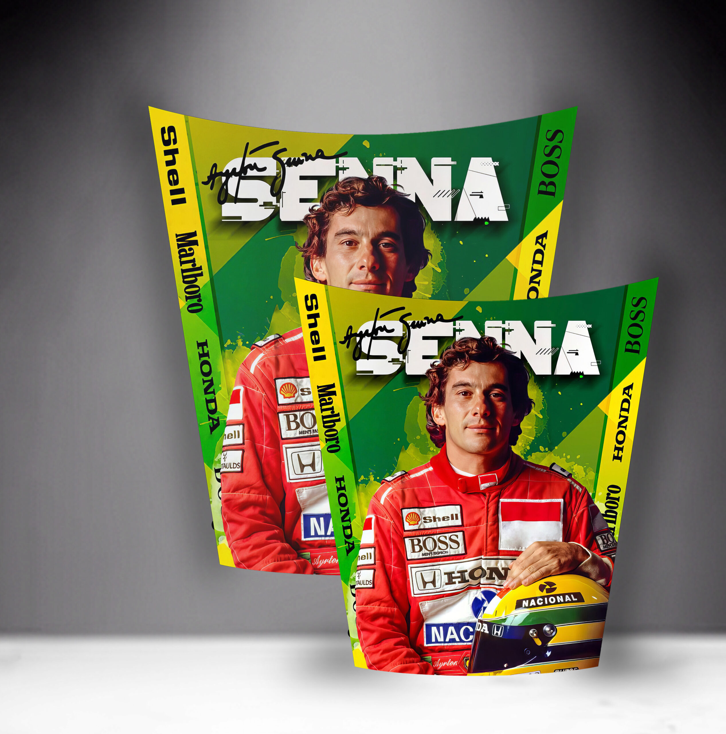 Car Mask 911 - Theme 10 1 Two posters featuring a race car driver in a red racing suit with sponsor logos, holding a yellow helmet.