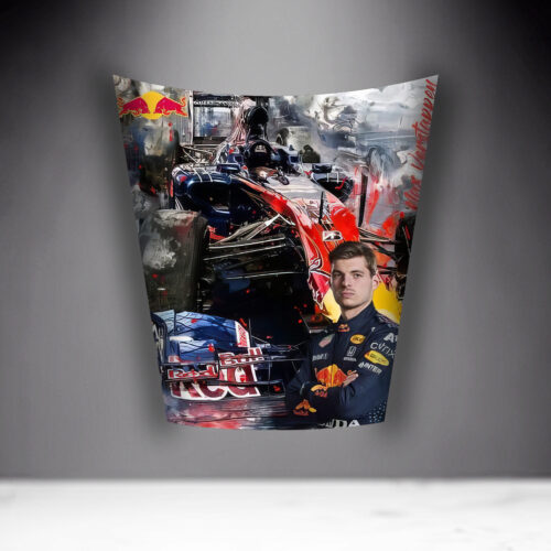 A racing poster featuring a male driver in a Red Bull racing suit with arms crossed, alongside a Red Bull Formula 1 car.