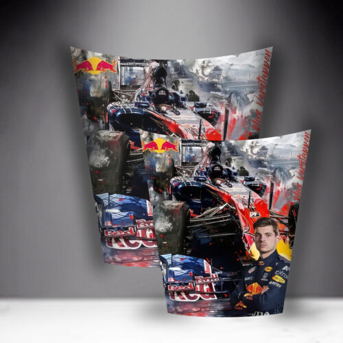 Two posters featuring a Formula 1 race car with Red Bull branding and a male driver in a racing suit crossing his arms.
