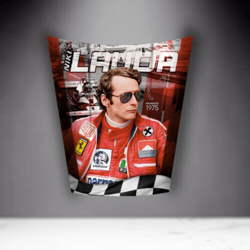 Poster featuring a race car driver in red gear with patches, wearing aviator sunglasses, and the words 