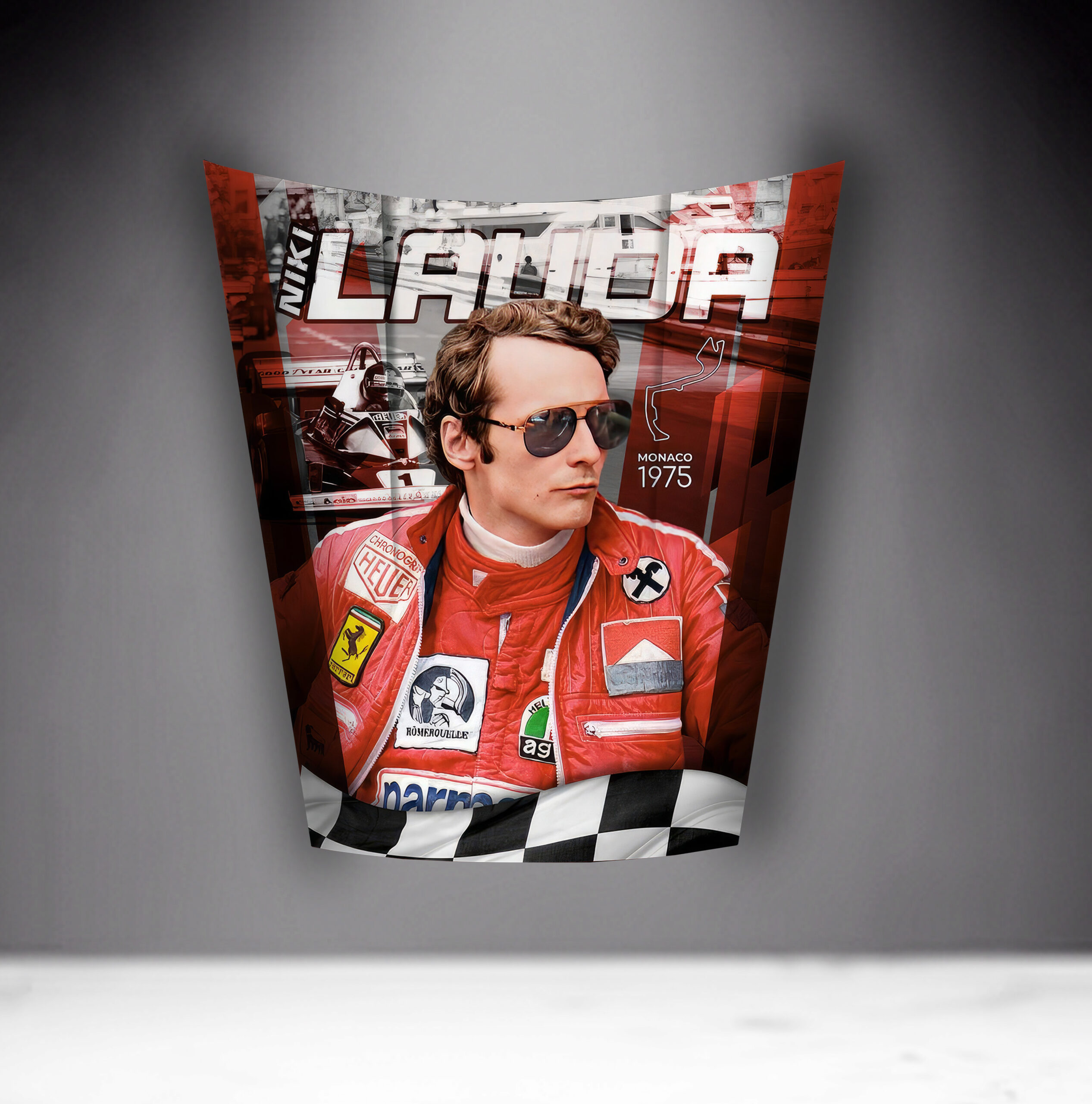 Car Mask 911 - Theme 12 2 Poster featuring a race car driver in red gear with patches, wearing aviator sunglasses, and the words
