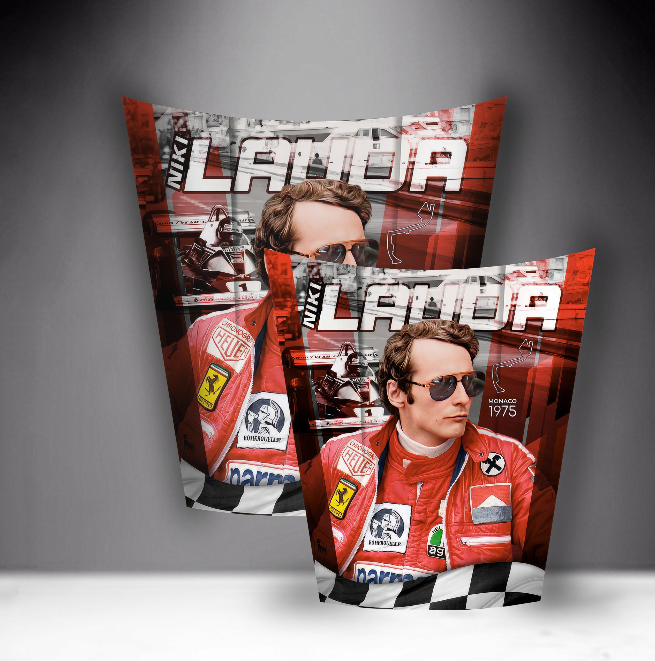 Car Mask 911 - Theme 12 1 Poster featuring a race car driver in a red jacket with sponsor logos, wearing sunglasses, with