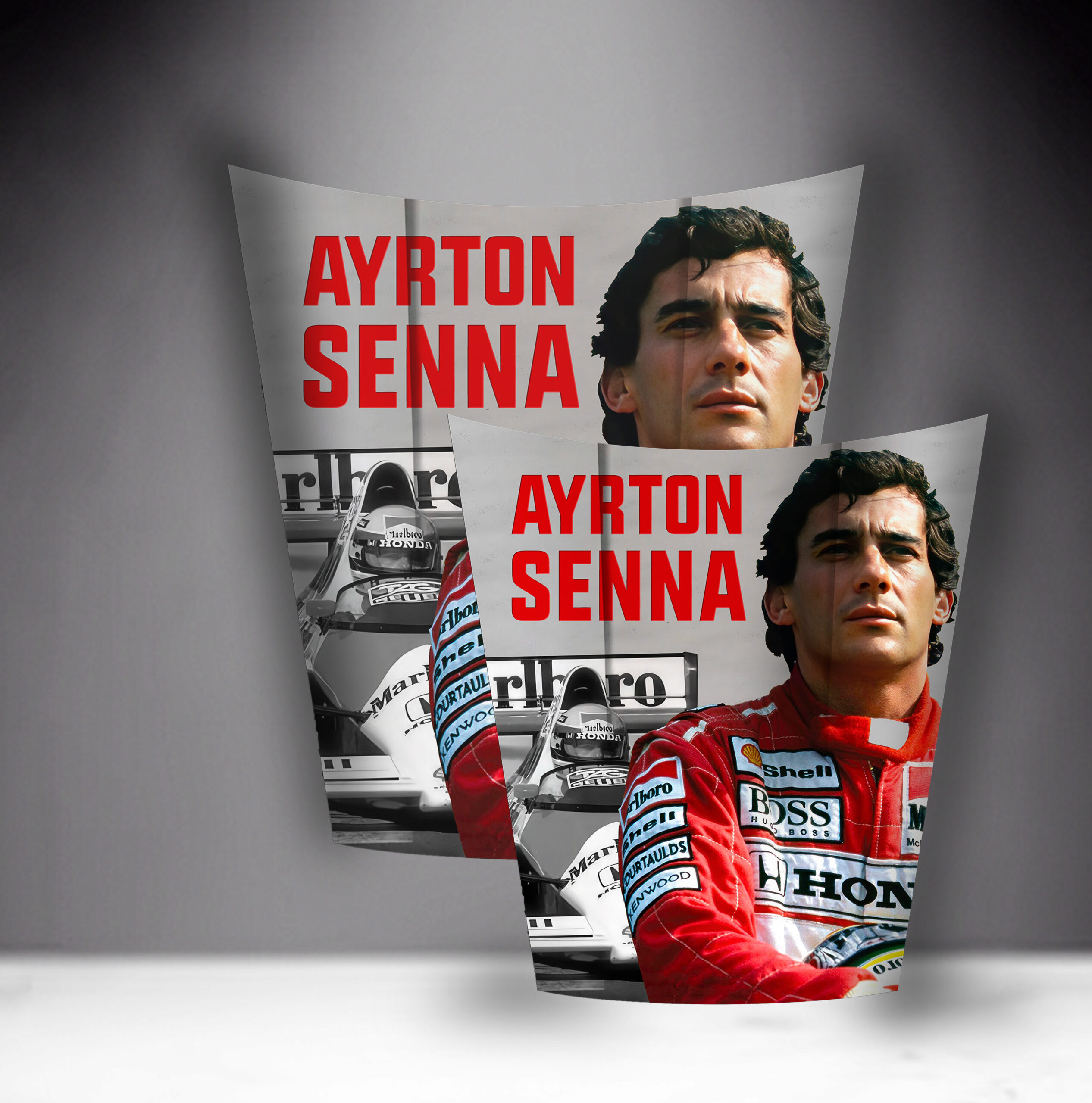 Car Mask 911 - Theme 17 1 Two posters of a race car driver in a red racing suit with the name