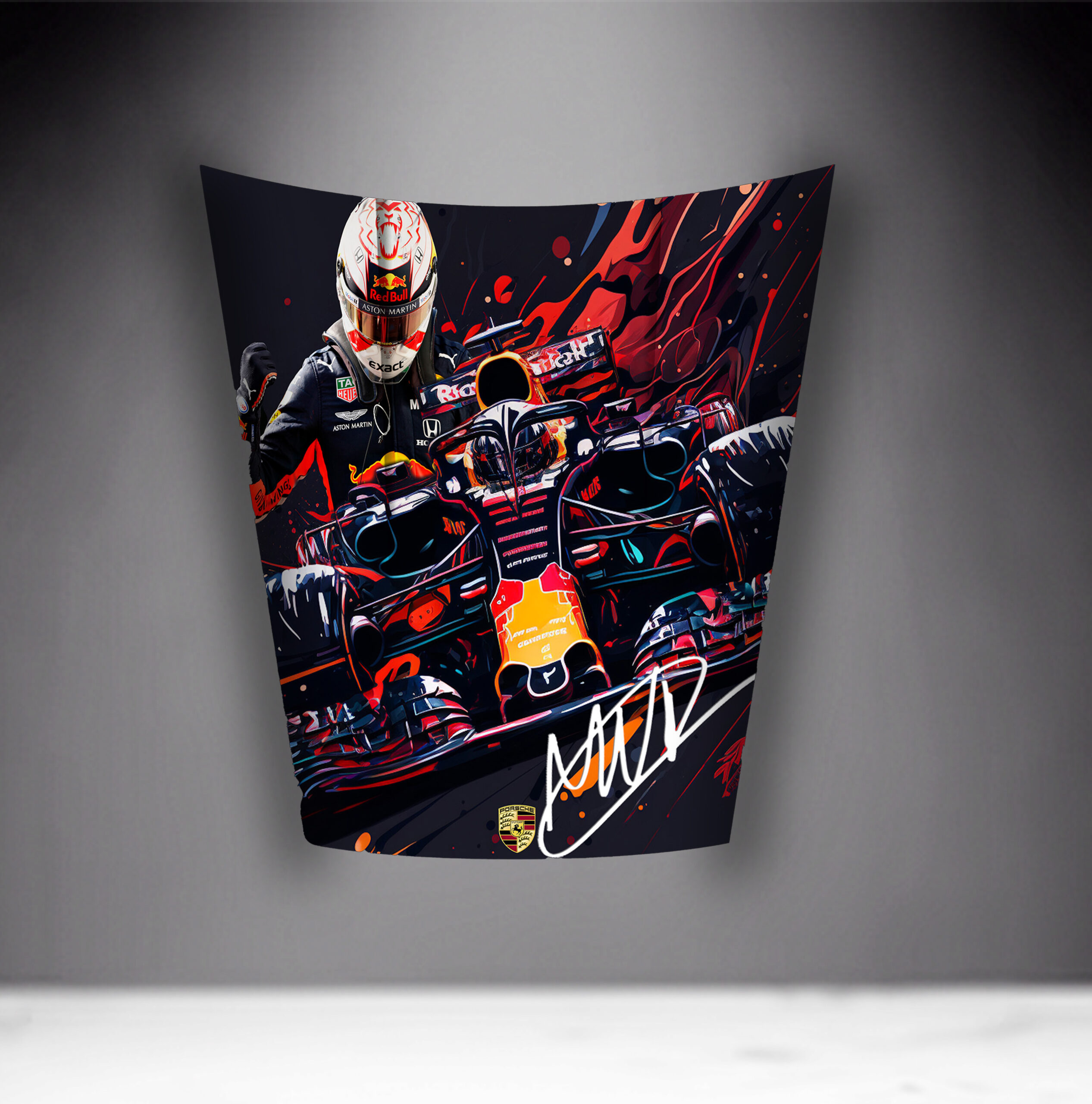 Car Mask 911 - Theme 30 2 A stylized painting of a Formula 1 racing driver with a helmet, standing behind a race car covered in Red Bull and Honda branding, with artistic splashes in the background and a signature at the bottom.