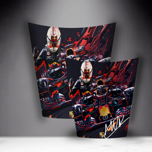 Two illustrated posters of a Formula 1 driver in a racing suit and helmet, standing in front of a race car with vibrant colors and bold brush strokes.