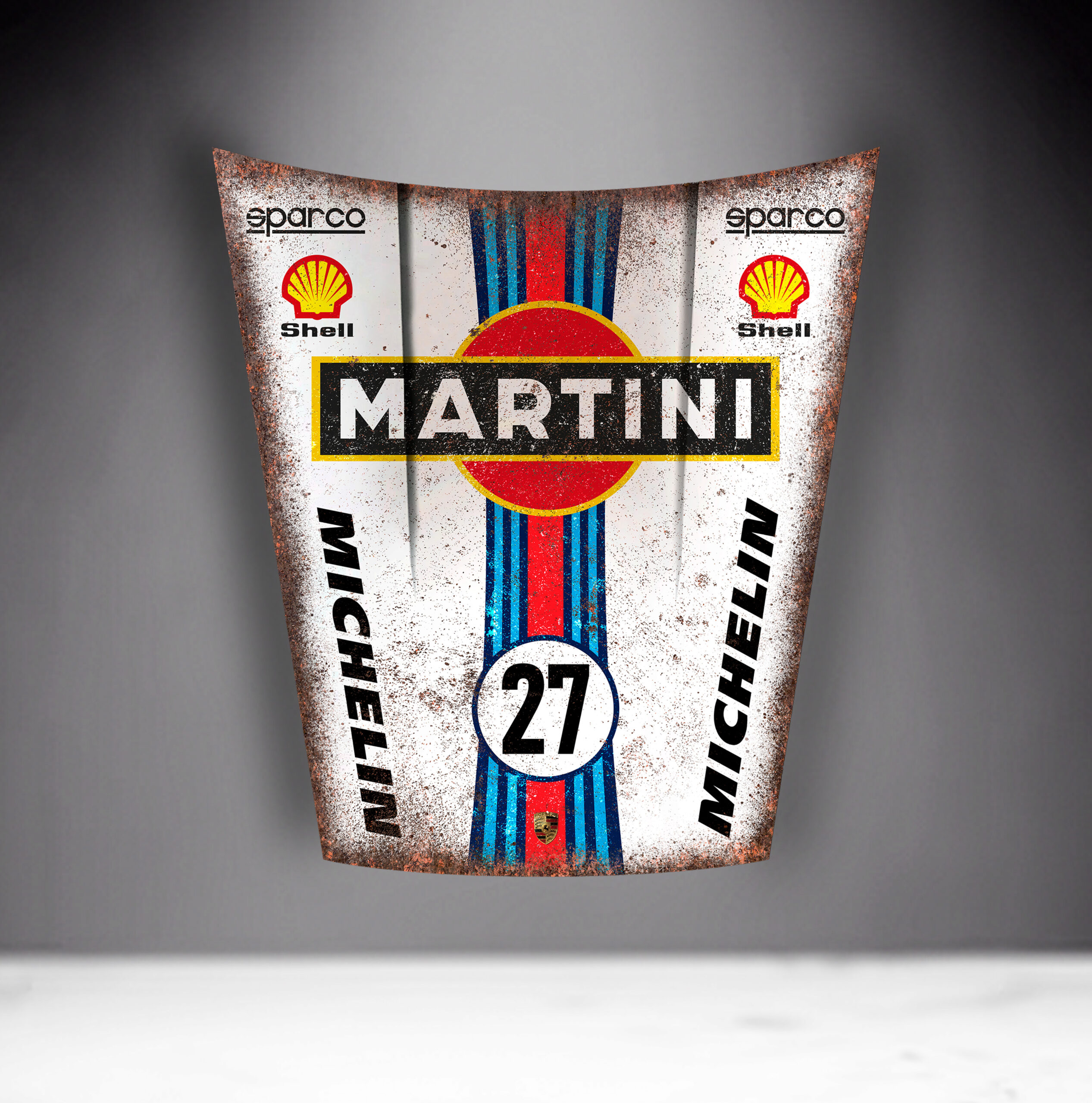 Car Mask 911 - Theme 33 2 Rusty car hood with Martini Racing livery, number 27, and logos for Sparco, Shell, and Michelin.