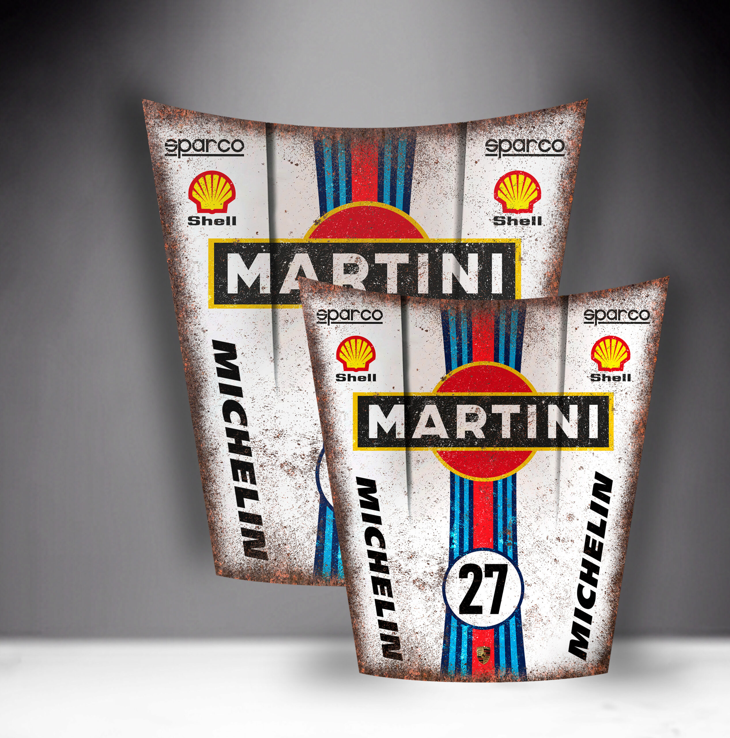 Car Mask 911 - Theme 33 1 Rusty racing car hoods with Martini, Shell, Sparco, and Michelin logos.