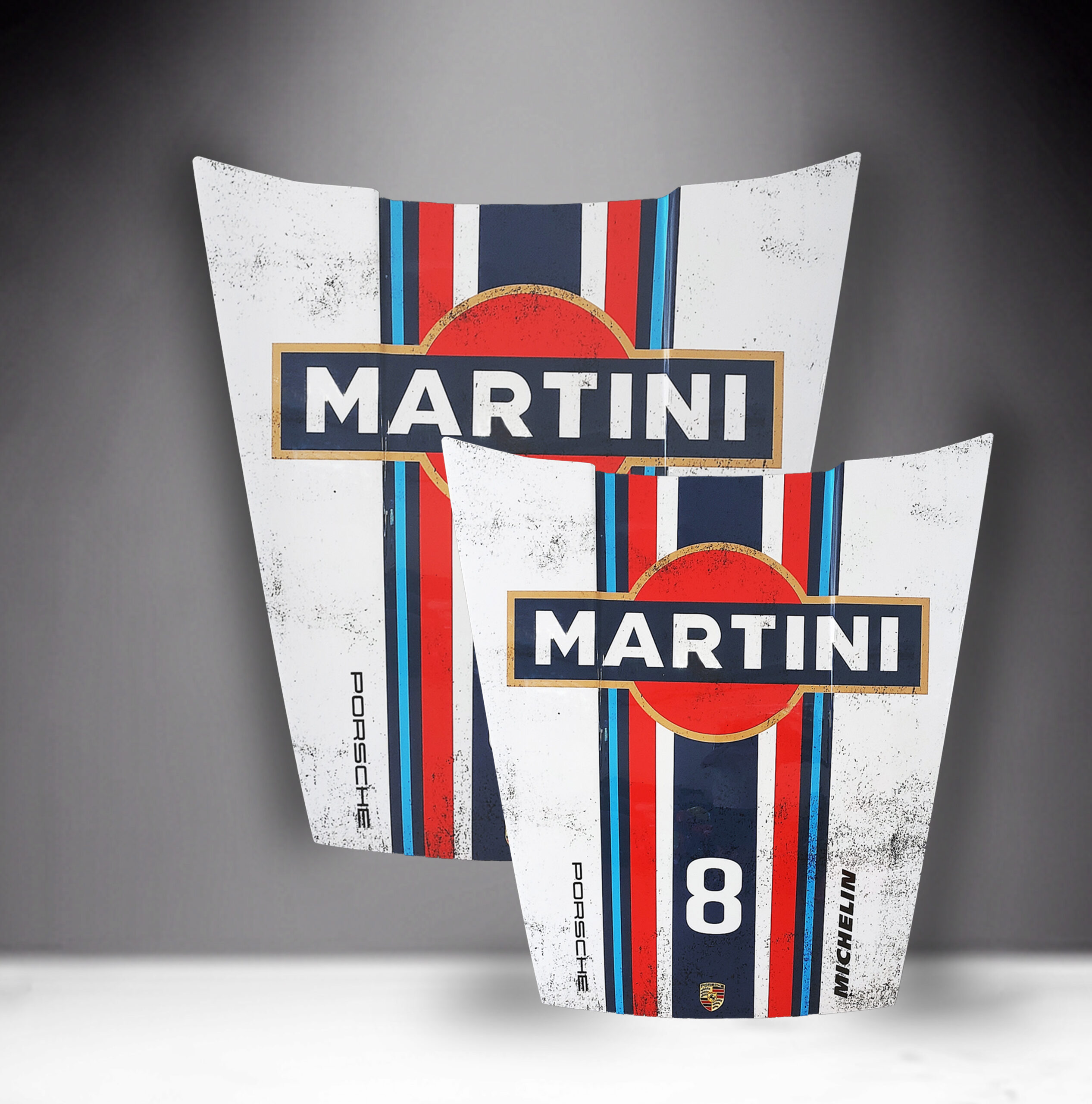 Car Mask 911 - Theme 35 1 Two car hoods painted with Martini Racing livery with blue, red, and white stripes, featuring the words