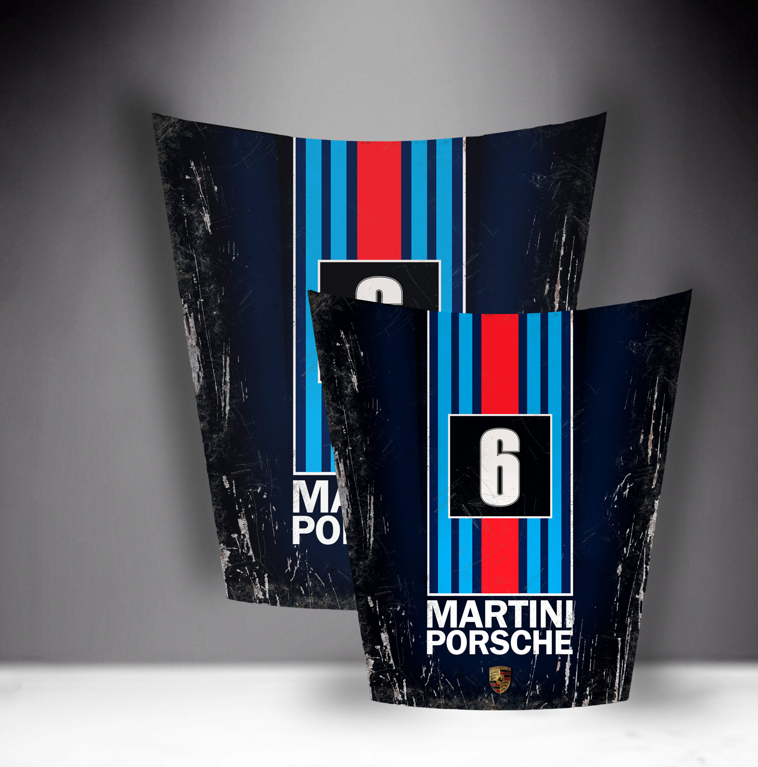 Car Mask 911 - Theme 36 1 Two racing car hoods with 'Martini Porsche' branding, a large number 6, and red and blue racing stripes.