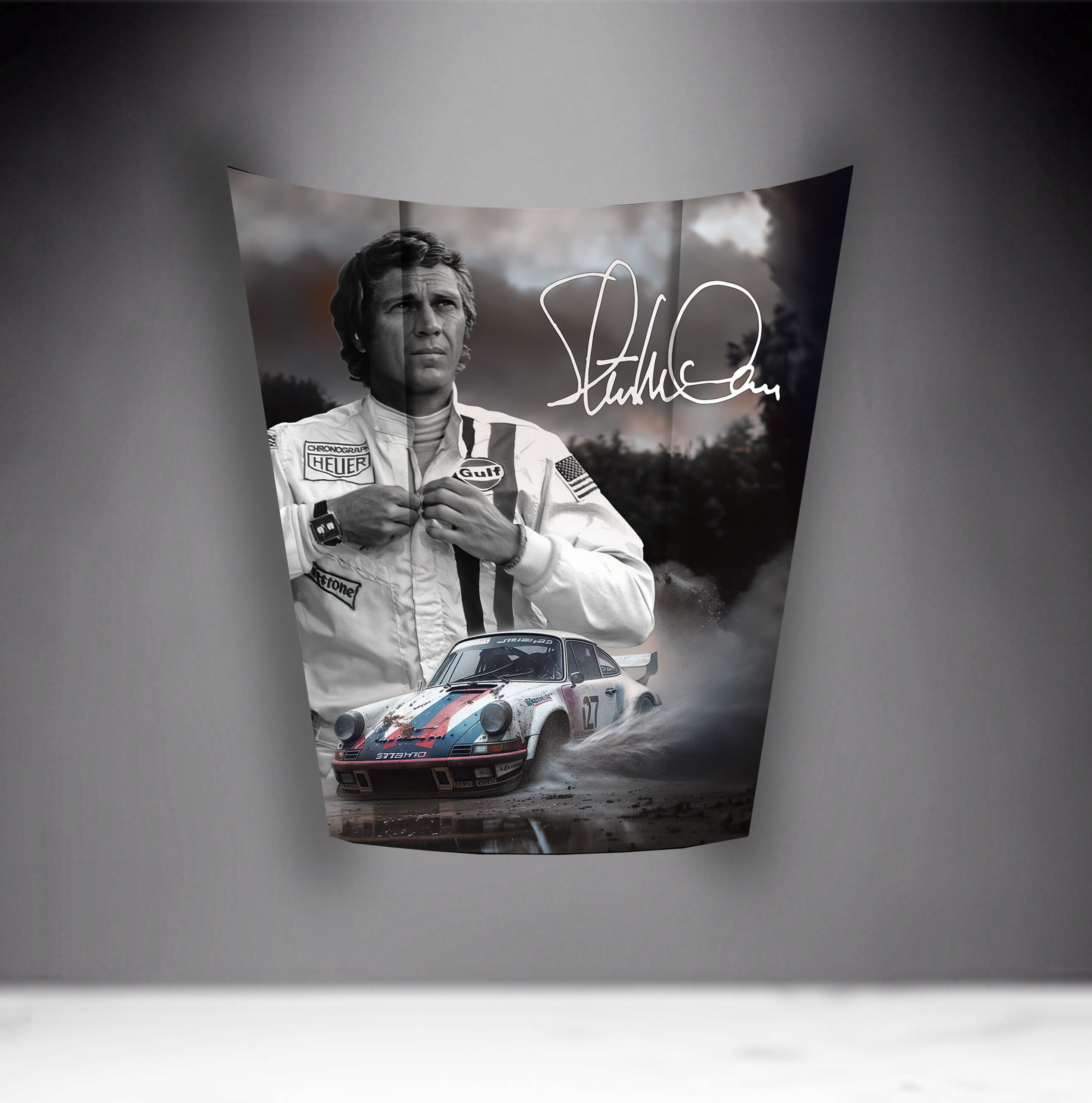 Car Mask 911 - Theme 4 2 Black and white poster featuring a man in a racing suit and a race car with the signature of Steve McQueen.