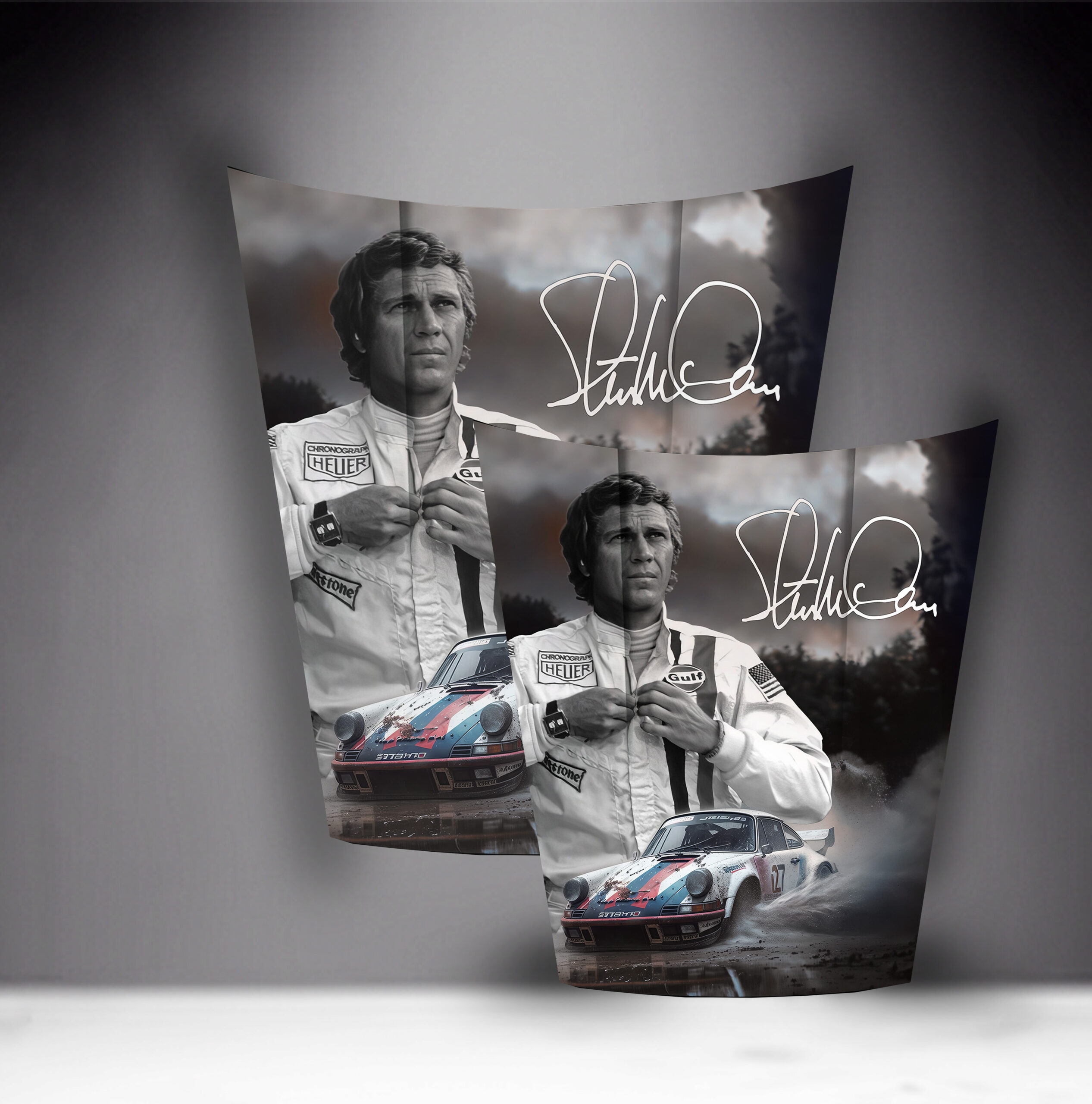 Car Mask 911 - Theme 4 1 Black and white poster of a man in a racing suit standing next to a vintage race car, with a white signature overlay.
