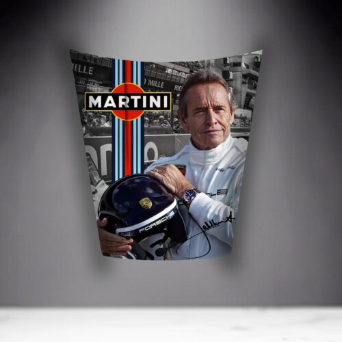 Poster of a man in a racing suit holding a helmet, with the Martini logo and racing stripes in the background.