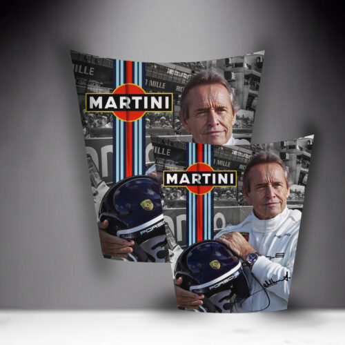 Two posters featuring a man in a white racing suit holding a helmet with the Porsche logo, with the Martini logo and racing-themed background.