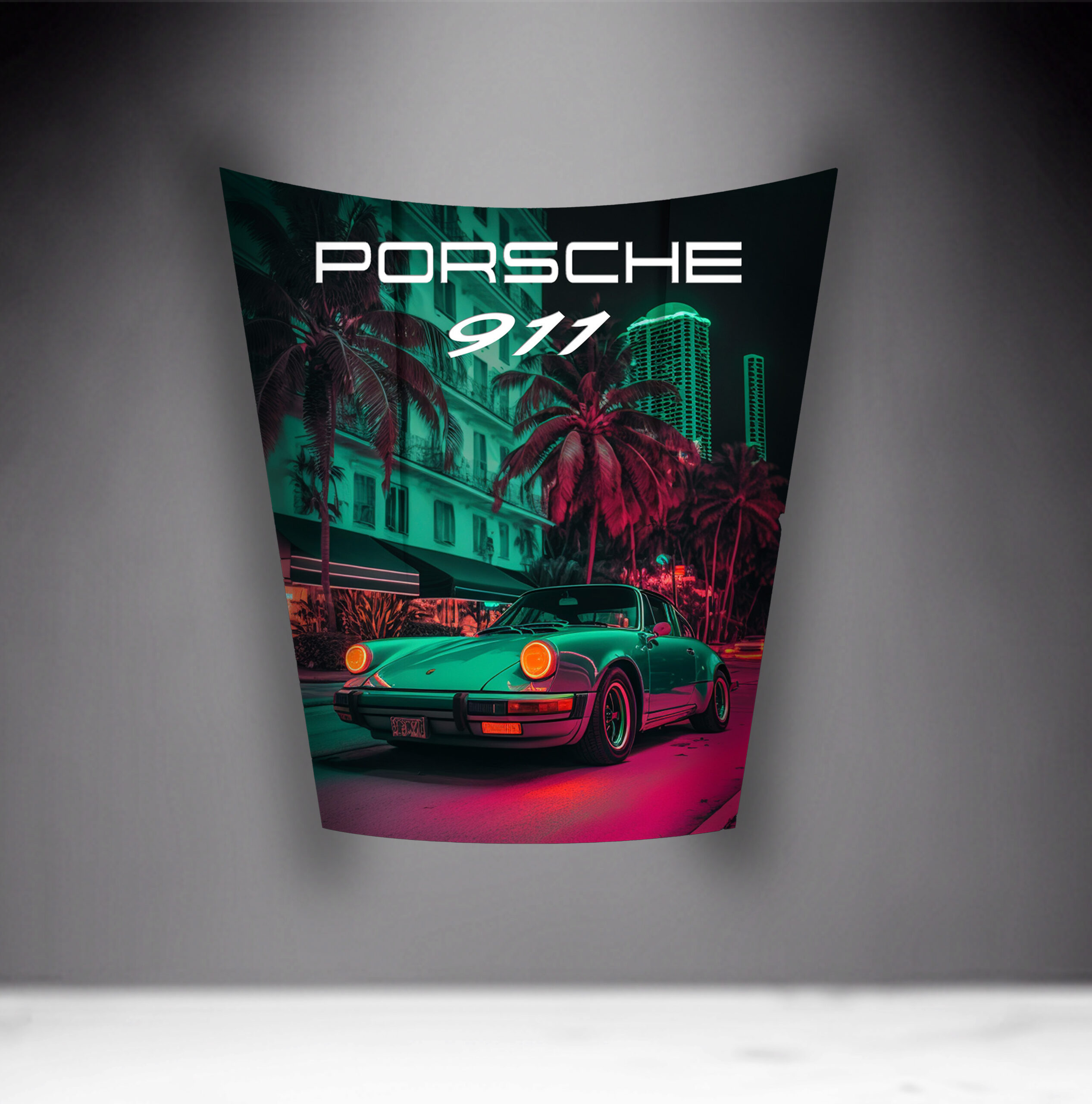 Car Mask 911 - Theme 6 2 Poster featuring a Porsche 911 in a tropical urban setting with palm trees and buildings in neon colors.