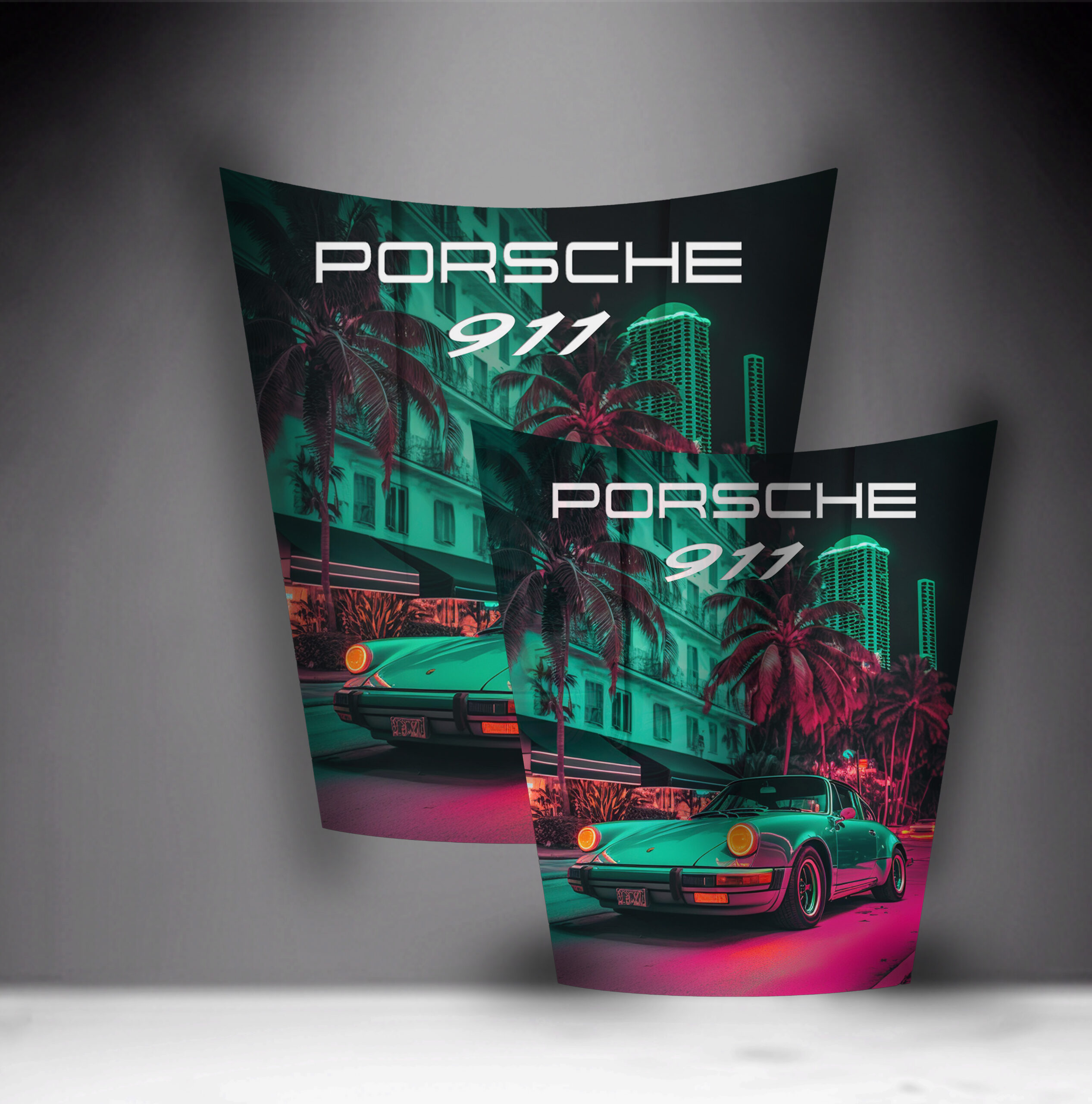 Car Mask 911 - Theme 6 1 Two posters featuring a Porsche 911 parked on a street lined with palm trees and neon-lit buildings.