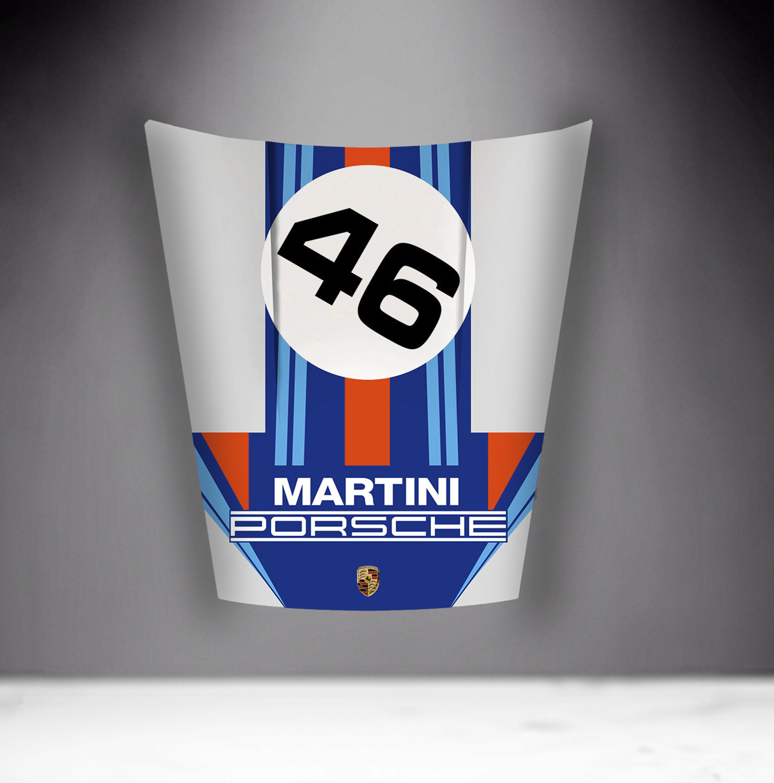 Car Mask 911 - Theme 8 2 Porsche hood with Martini Racing livery, featuring the number 46 in black on a white circle, and blue and red racing stripes.
