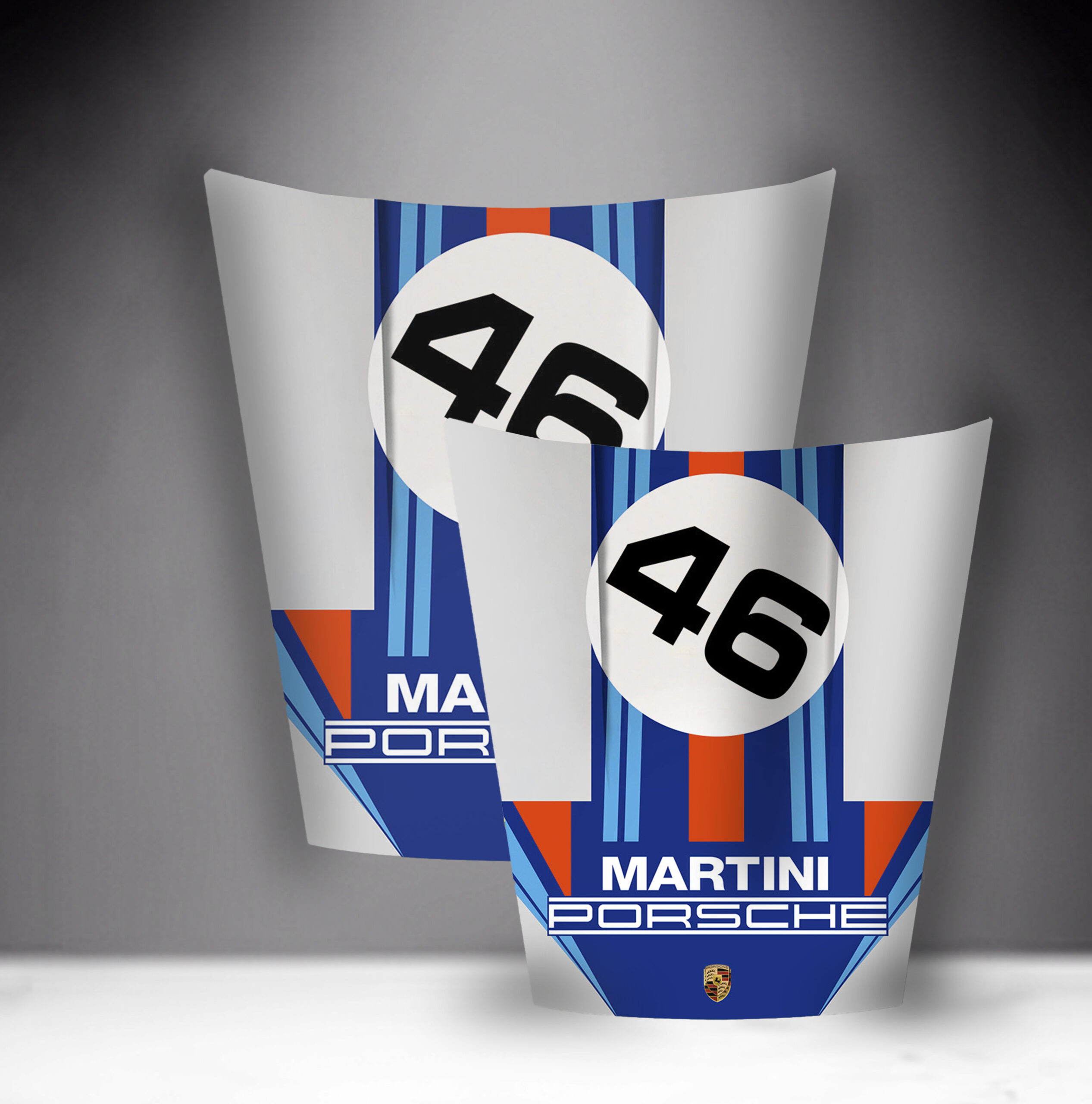 Car Mask 911 - Theme 8 1 Two Martini Porsche racing car hoods with number 46 and Martini racing stripes.