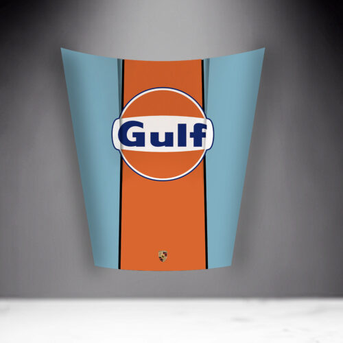 A car hood painted with the Gulf Oil color scheme, featuring a large 