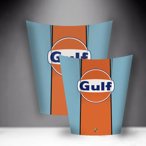 Two car hoods painted with the Gulf Oil logo in blue and orange stripes, displayed against a gradient gray background.