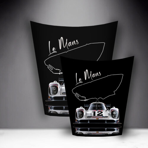 Two posters featuring a vintage racing car with the words 