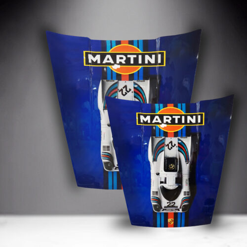 Two blue car hoods with Martini Racing livery featuring the logo and a white racing car illustration.