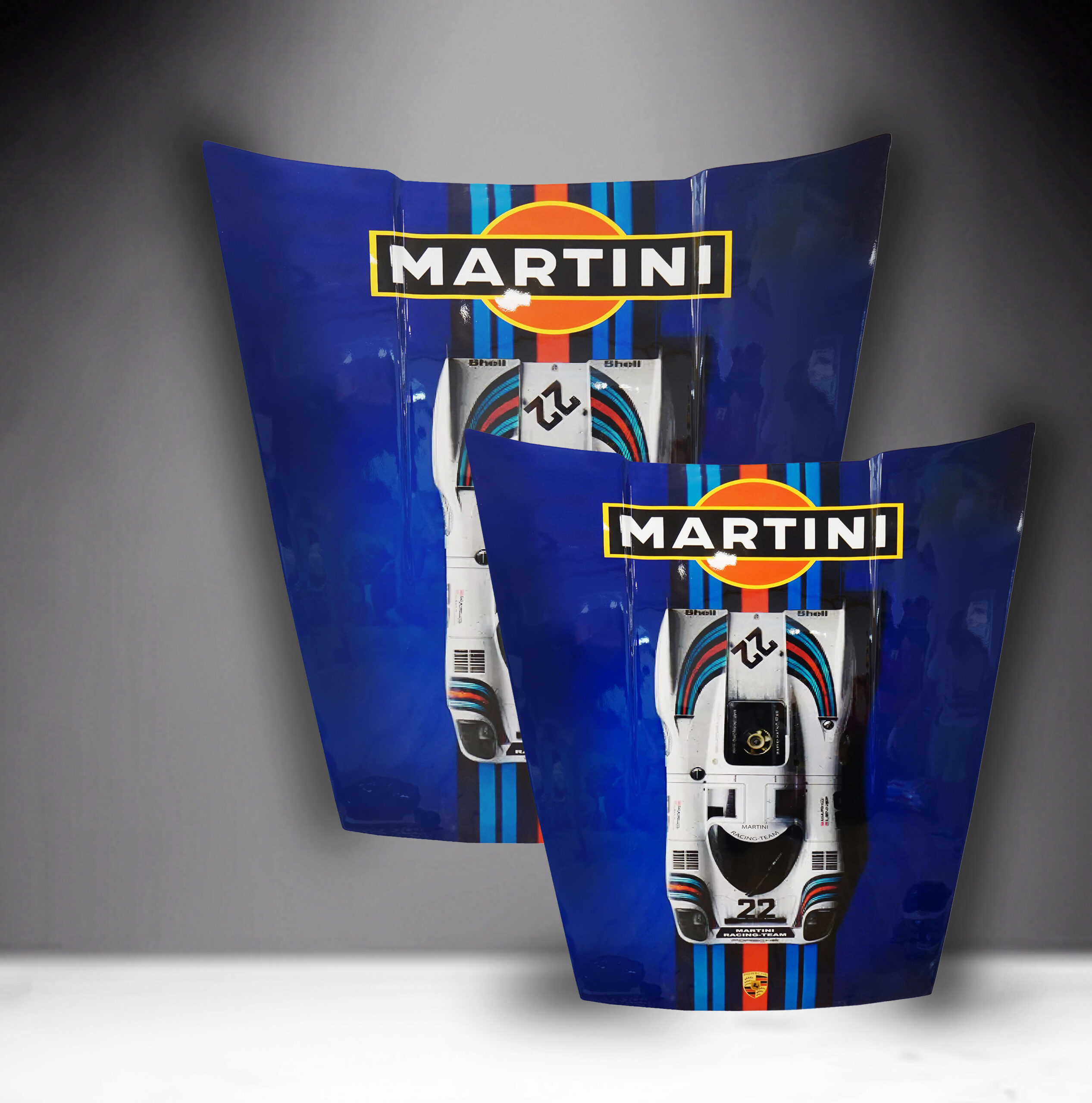 Car Mask 911 - Theme 23 1 Two blue car hoods with Martini Racing livery featuring the logo and a white racing car illustration.