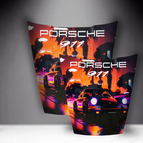 Two car hoods with a vibrant design featuring a retro-style Porsche 911, palm trees, and an orange sunset background, with the text 